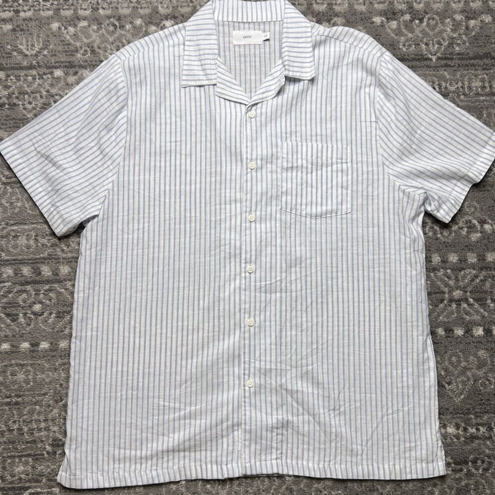 Onia Mens Stripe Cotton Button Up Shirt Large Blue White Light Coastal Resort